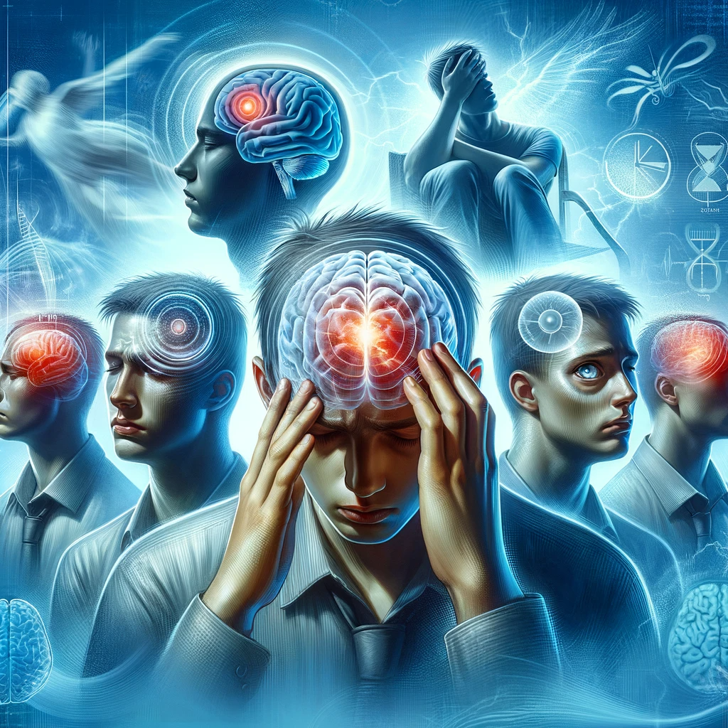 A conceptual image depicting the essence of recognizing the critical warning signs of a head injury. The image features four distinct sections, each representing a different warning sign: 1) A person holding their head in pain, illustrating severe headache or pressure, 2) An individual with dizziness and balance problems, symbolized by blurred surroundings, 3) A person with confused expression, representing confusion or memory loss, 4) Another person showing one dilated pupil, indicating unequal pupil size. The background is a medical blue, with faint outlines of brain structures.