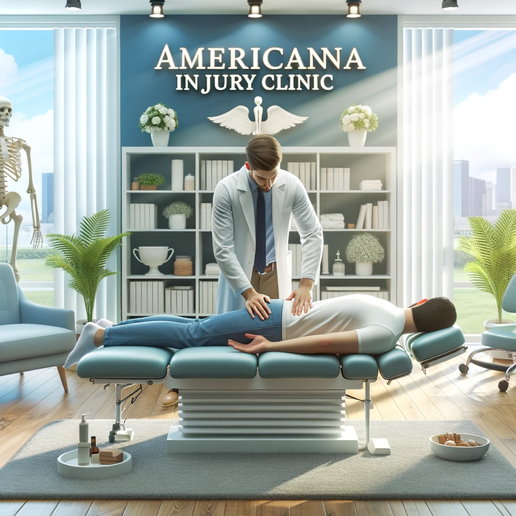 A serene setting inside Americana Injury Clinic with a chiropractor providing care to a patient, showcasing trust, expertise, and a sense of relief.