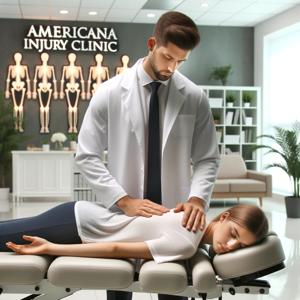 Photo of a calm and professional chiropractic clinic environment. In the forefront, a skilled chiropractor is gently treating a patient lying on an adjustment table. The background should show a serene setting with soft lighting, plants, and maybe a reception desk with a welcoming sign that reads 'Americana Injury Clinic'.