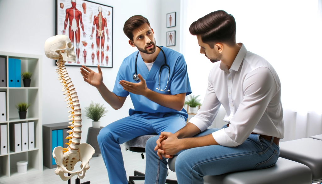 Photo of a professional yet relaxed setting where a chiropractor from Americana Injury Clinic is explaining the spine's role in causing headaches to an attentive patient, with visual aids like spine models nearby.