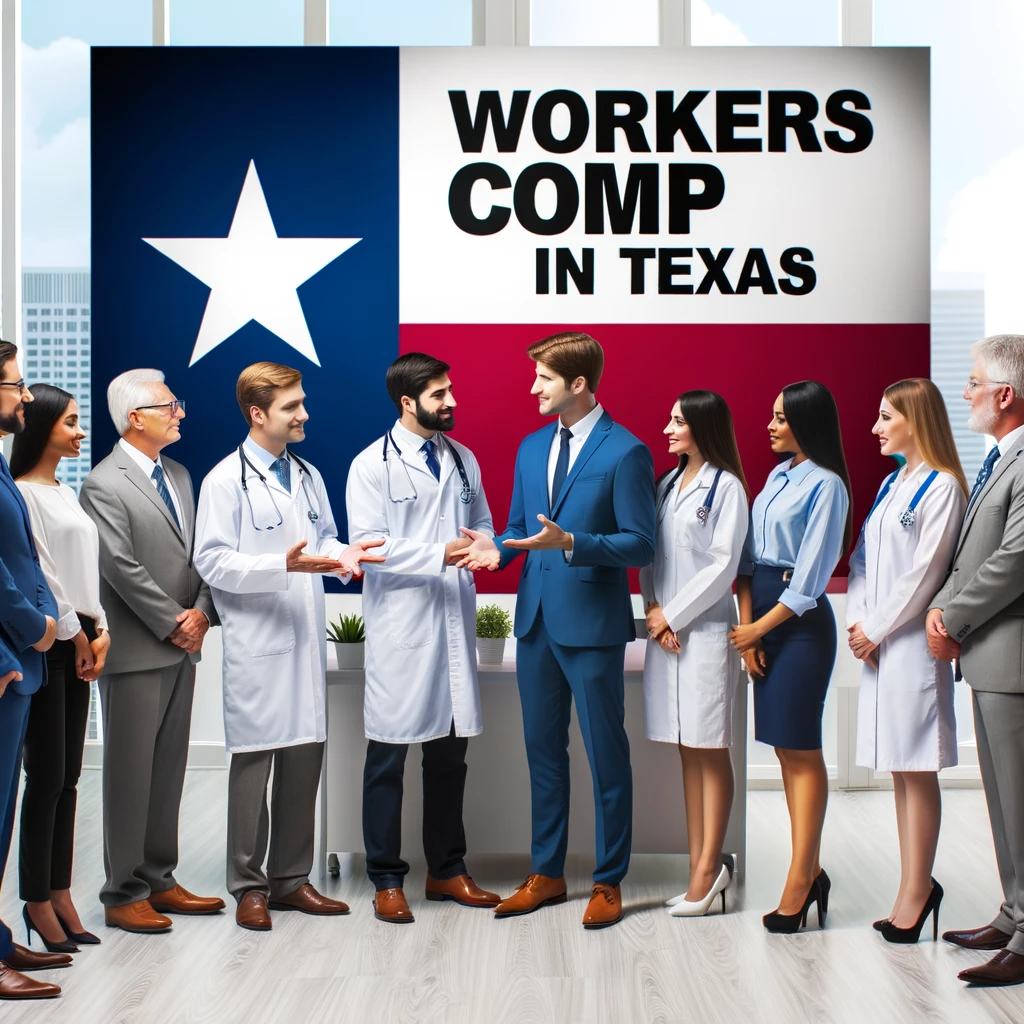 A professional yet approachable setting showcasing a diverse group of healthcare professionals from Americana Injury Clinic discussing workers' compensation, with a backdrop of Texas state symbols and a clear "Workers Comp in Texas" title.