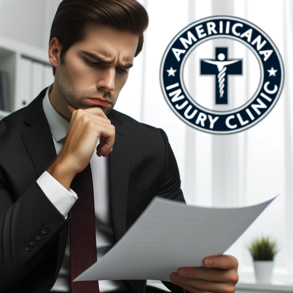 A professional photo of a concerned employee reading a document, with the Americana Injury Clinic logo subtly present in the background.