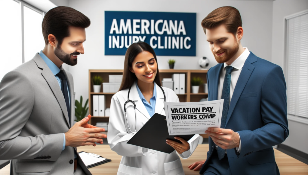 Photo of professional-looking clinic staff discussing a document titled 'Vacation Pay and Workers' Comp', with the Americana Injury Clinic logo visible in the background. The setting is a well-lit modern office with medical equipment nearby.