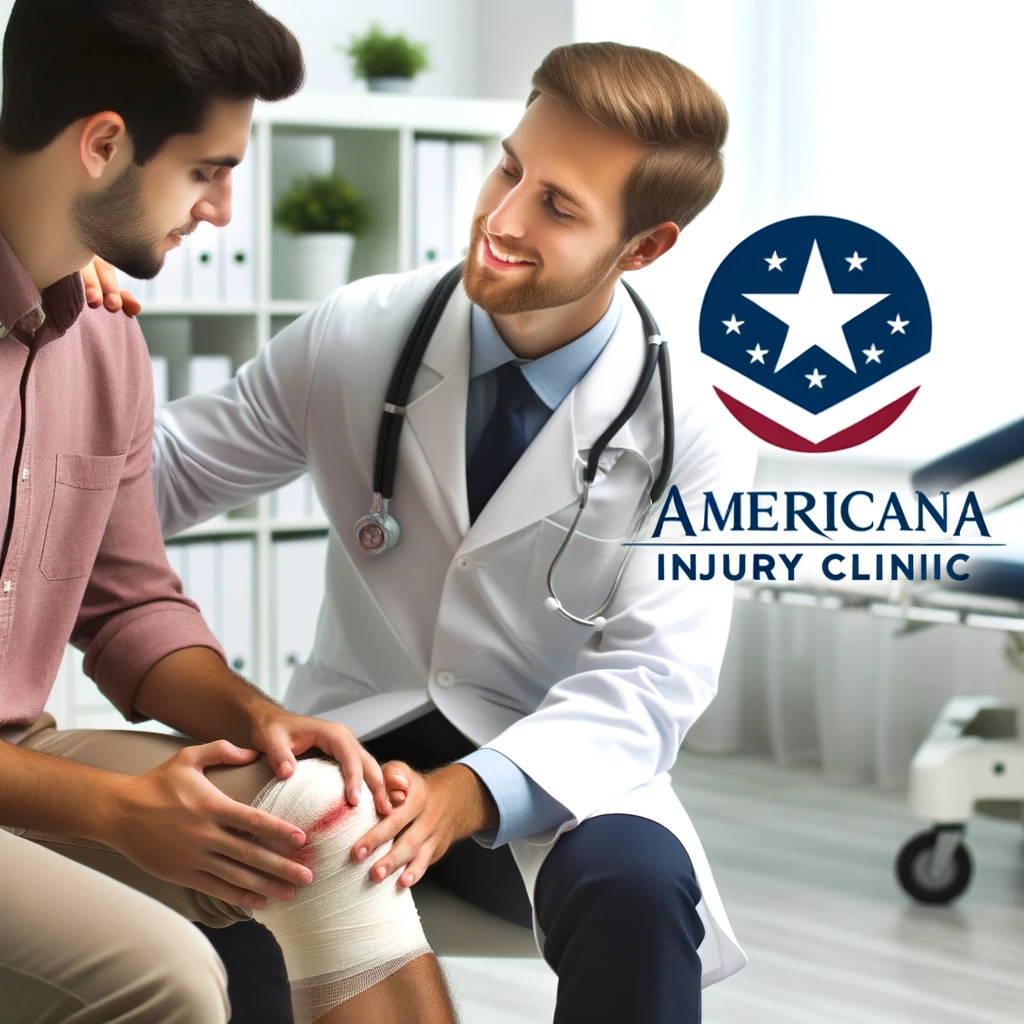 Photo of a compassionate doctor consulting a patient with visible minor injuries in a well-lit clinic room. The Americana Injury Clinic logo is subtly placed in the background, showcasing the clinic's professional and caring environment.