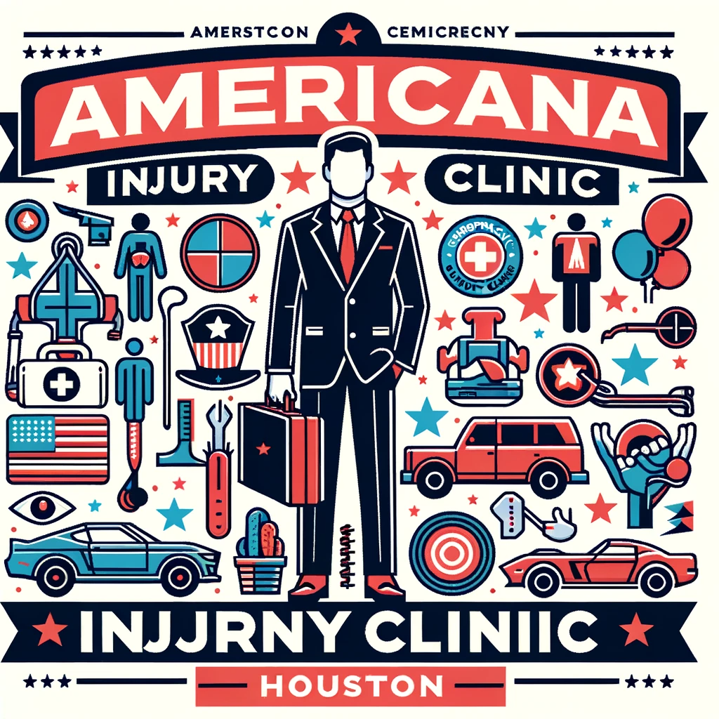 A professional yet casual illustration showcasing the Americana Injury Clinic in Houston, with icons representing various services like auto accident care, chiropractic treatment, and workers' compensation.