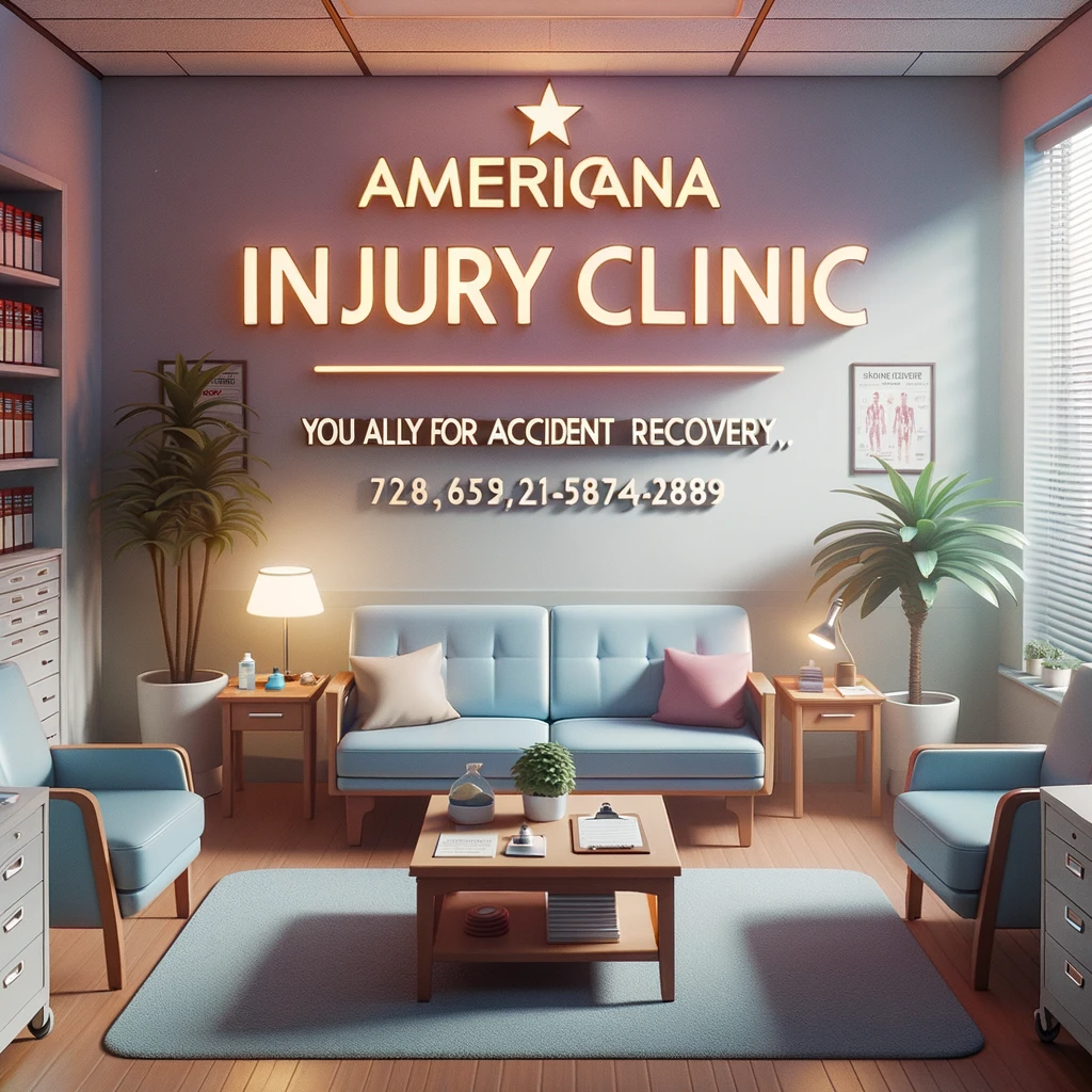 A comforting medical clinic environment with signage reading "Americana Injury Clinic" and a subtitle "Your Ally in Accident Recovery.