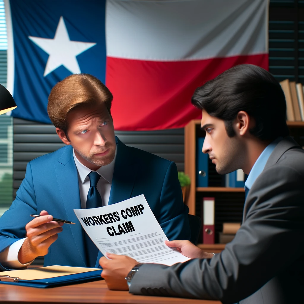 Photo of a professional-looking individual, possibly a lawyer, discussing a document labeled 'Workers' Comp Claim' with a concerned individual, with the backdrop of the Texas state flag.