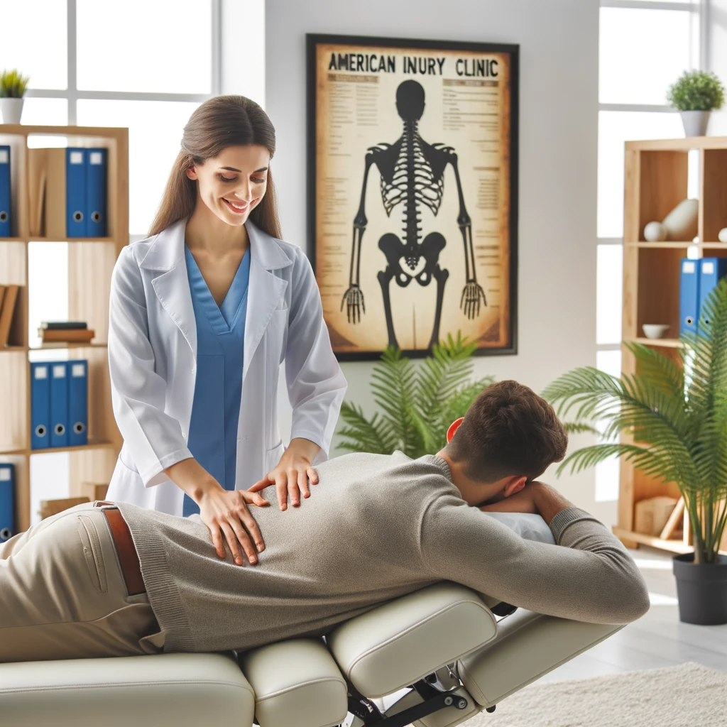 Photo of a professional yet relaxed setting of Americana Injury Clinic with a chiropractor attending to a patient experiencing back and neck pain, emphasizing the therapeutic atmosphere.