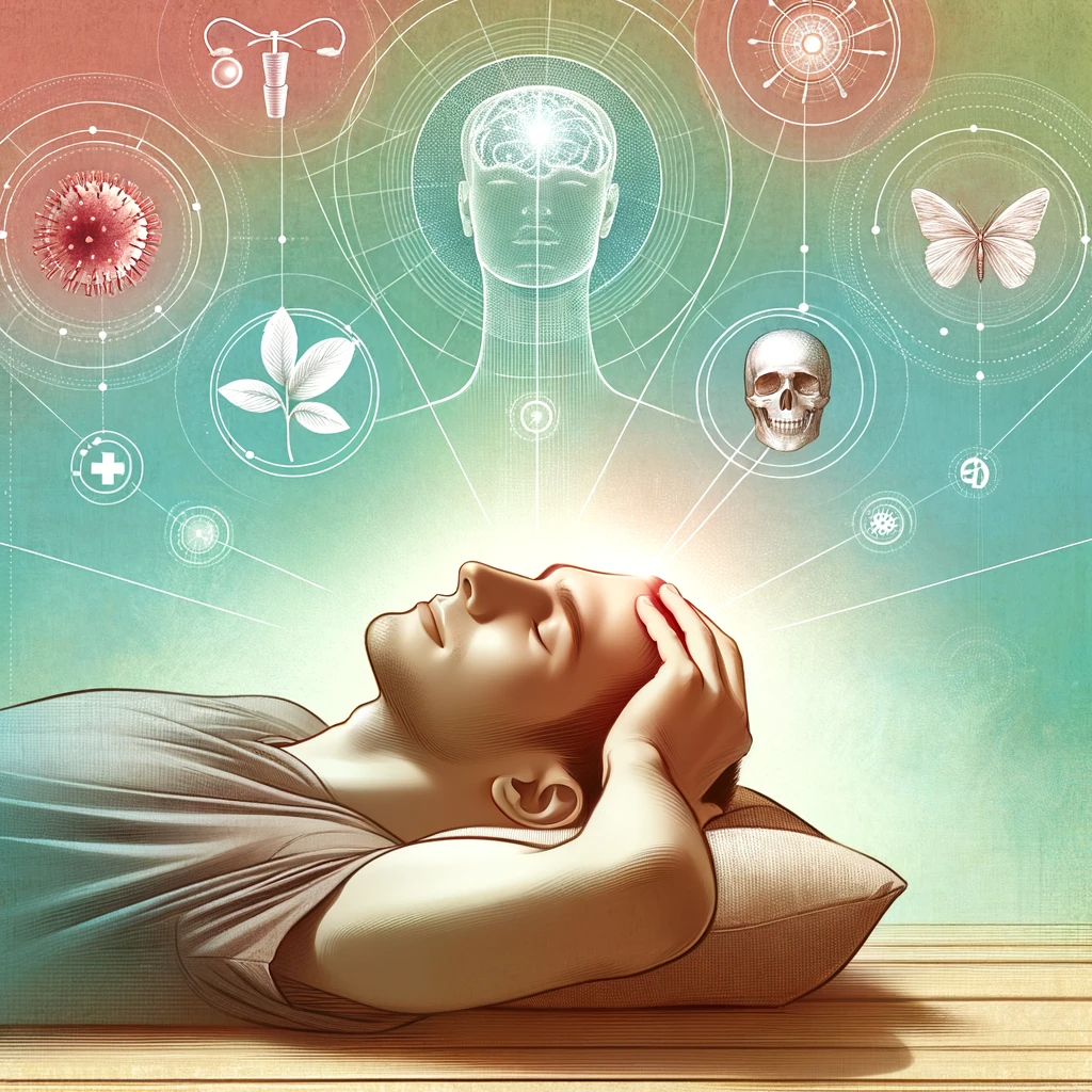 An illustration of a relaxed individual with a soothing background, symbolizing headache relief through chiropractic care, with elements representing health, wellness, and a natural approach, in a calming and professional style.