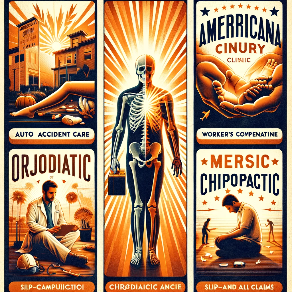 A collage showcasing Americana Injury Clinic's services: auto accident care, workers' compensation, orthopedic and chiropractic treatment, and slip and fall claims, in a warm and welcoming design, symbolizing hope and recovery.