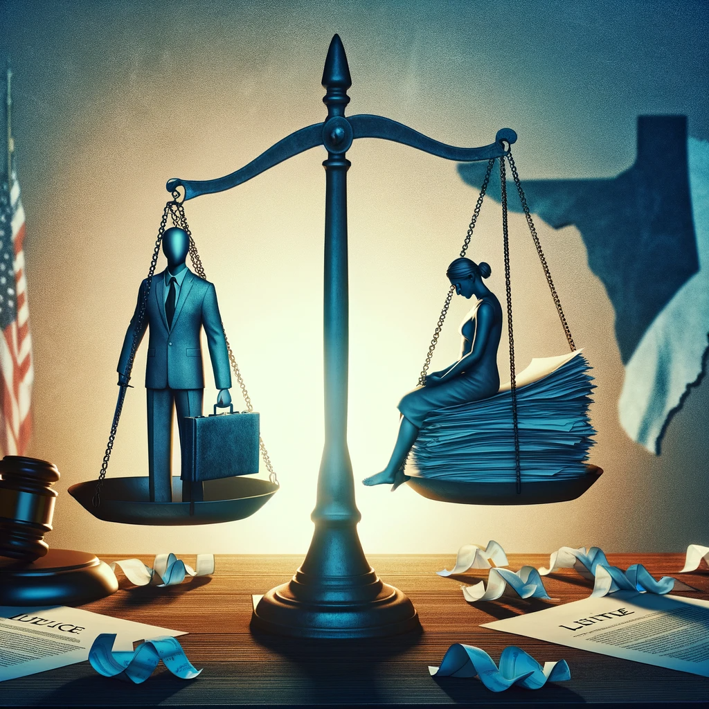 A conceptual image representing the consequences of an employer not reporting an accident to workers' compensation in Texas. The image should depict a symbolic scale of justice being imbalanced, with one side holding a figure of an injured worker and the other side having a pile of unreported documents. The background should have a subtle silhouette of the state of Texas, and there should be a visual representation of distress or concern in the worker's posture. The color scheme should reflect a serious and informative tone.