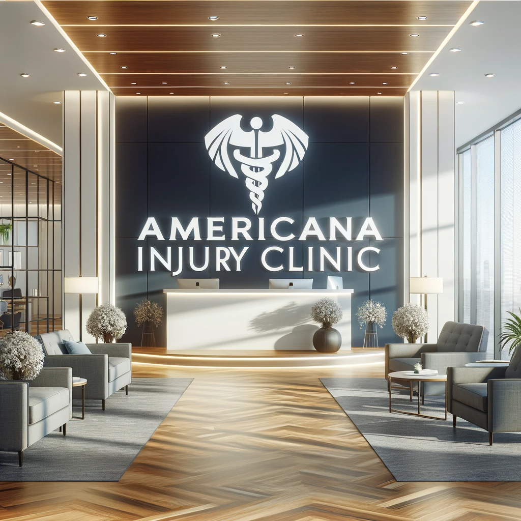 A modern and welcoming medical clinic lobby with Americana Injury Clinic's logo prominently displayed, reflecting a professional yet caring atmosphere