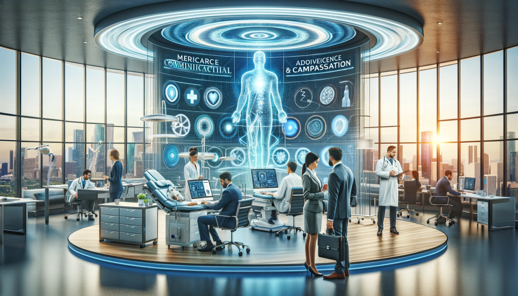 A professional setting depicting advancements in Workers' Compensation Treatments at Americana Injury Houston. The image shows a modern office with medical equipment and technology, representing a fusion of healthcare and legal expertise. There are healthcare professionals discussing treatment options, while legal experts consult with clients. The environment is designed to reflect innovation and compassion, with a Houston skyline visible through large windows. The scene embodies progress in medical and legal collaboration for workers' compensation cases.