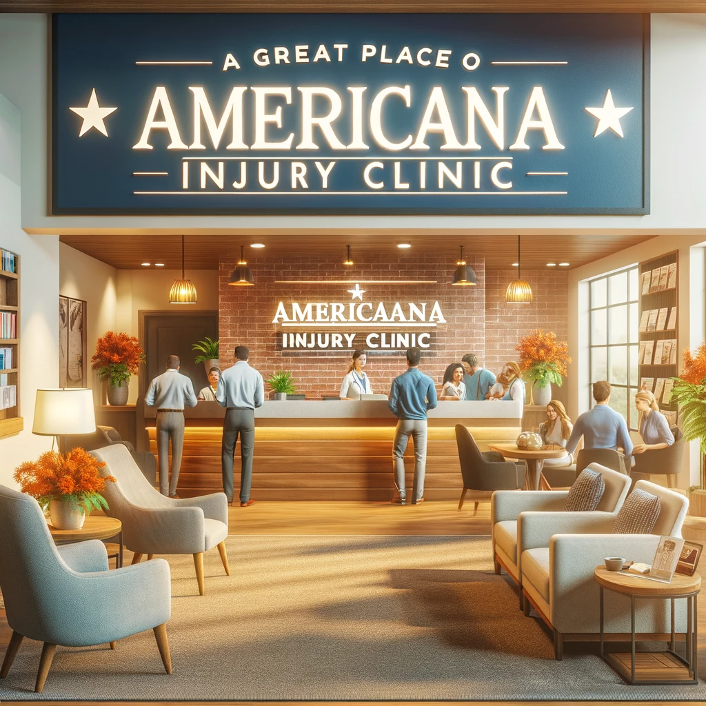 A warm and inviting healthcare clinic reception area with a welcoming atmosphere, symbolizing the Americana Injury Clinic in Houston. The scene includes comfortable seating, friendly staff, informative brochures about workers' compensation and accident injury care, and a clean, well-lit environment. The clinic's slogan, 'A Great Place For Injury Recovery!' is displayed prominently.