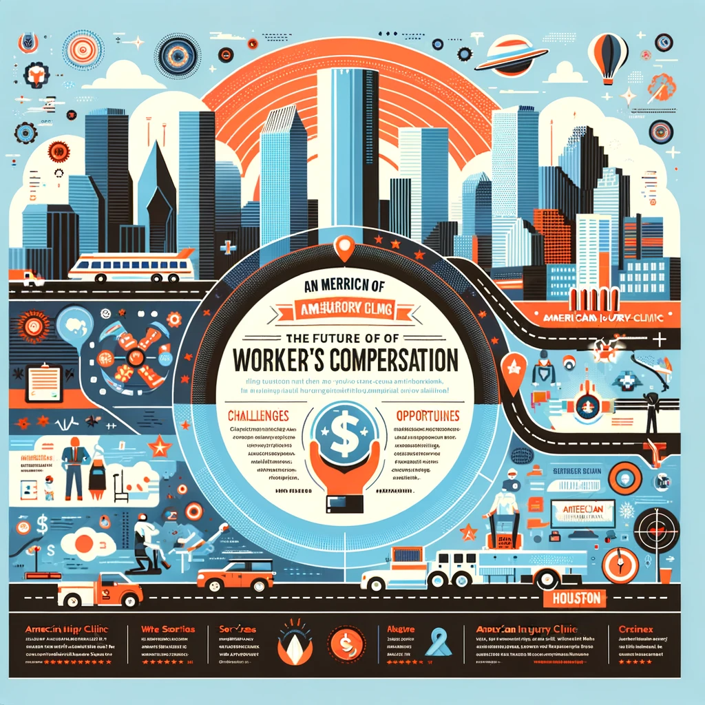 An engaging and informative infographic depicting the future of worker's compensation in Houston, highlighting key trends, challenges, and opportunities, with a focus on the services offered by Americana Injury Clinic, set against a backdrop of Houston's skyline.