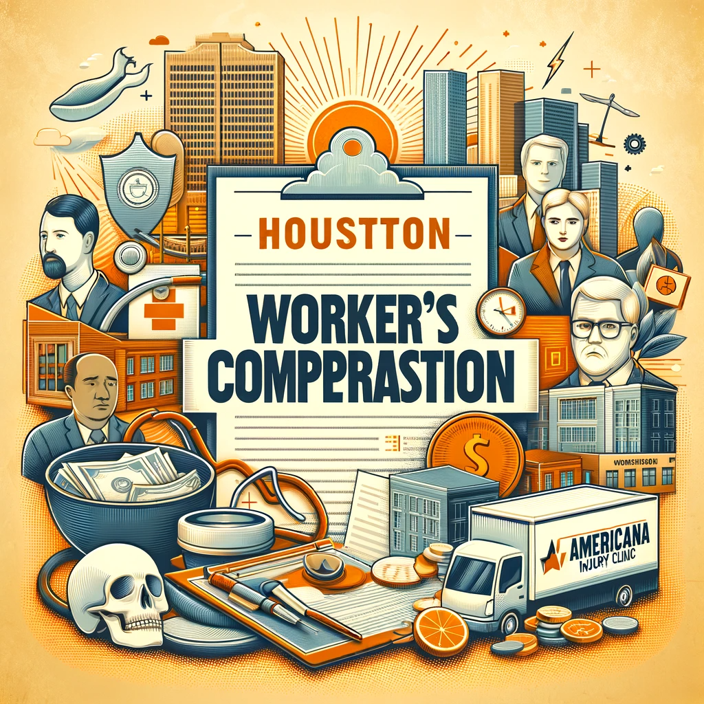 An informative and engaging image representing Worker's Compensation in Houston, including elements of legal documents, medical treatment, and the supportive role of Americana Injury Clinic in the background, with a warm and welcoming color scheme.
