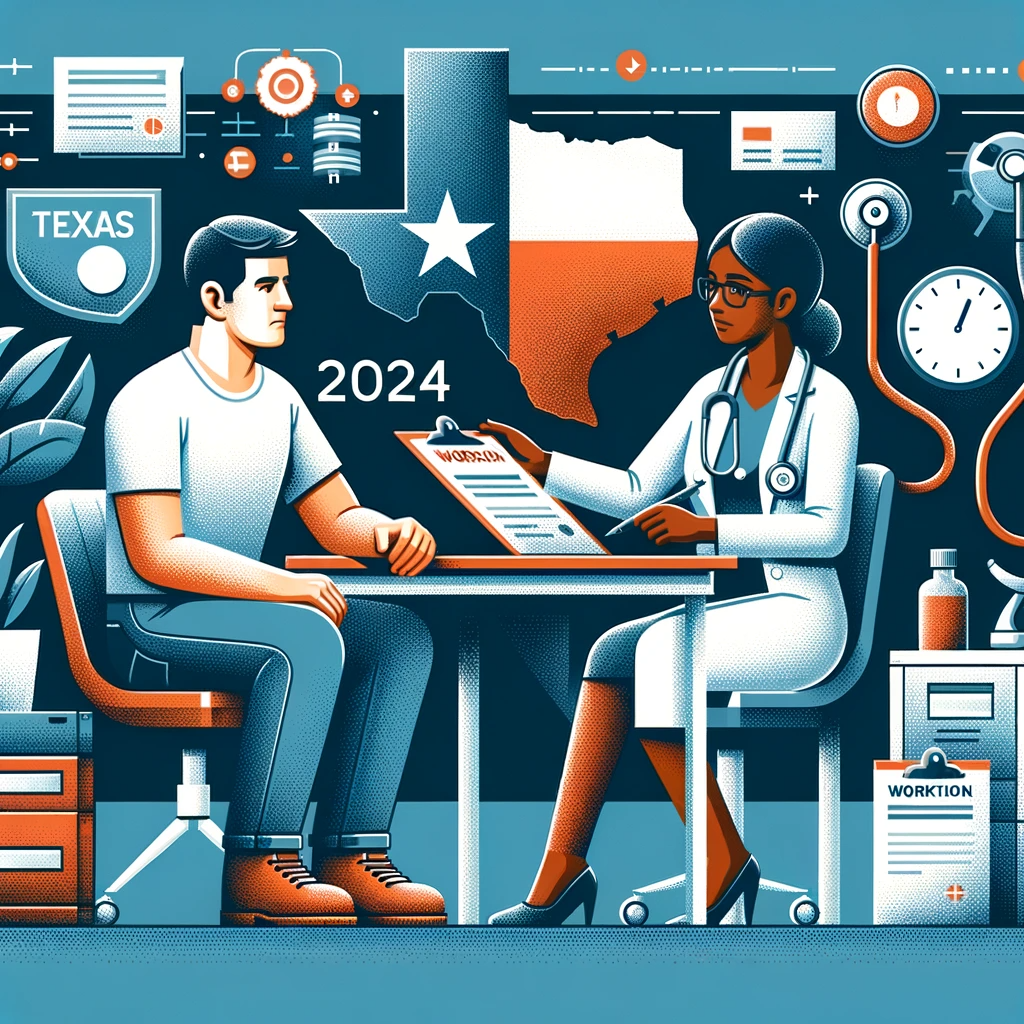 An informative and visually engaging depiction of a worker in Texas consulting with a doctor about workers' compensation in 2024. The image should feature a professional setting, with the worker and doctor in conversation, surrounded by medical equipment and paperwork related to workers' compensation. The worker should be an Asian male wearing casual attire, and the doctor should be a Black female in a white coat. The background should subtly incorporate elements of Texas, like a state flag or landmark, to emphasize the location.