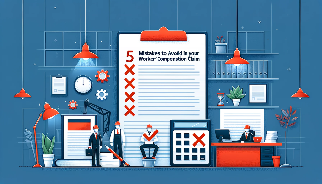 An informative banner for a blog post titled 'Top 5 Mistakes to Avoid in Your Workers' Compensation Claim'. The image features a list with red 'X' marks next to each mistake, a background depicting a professional workplace environment, and symbols like legal documents and a calculator. The style is clear, professional, and easy to read, suitable for an informative blog post.