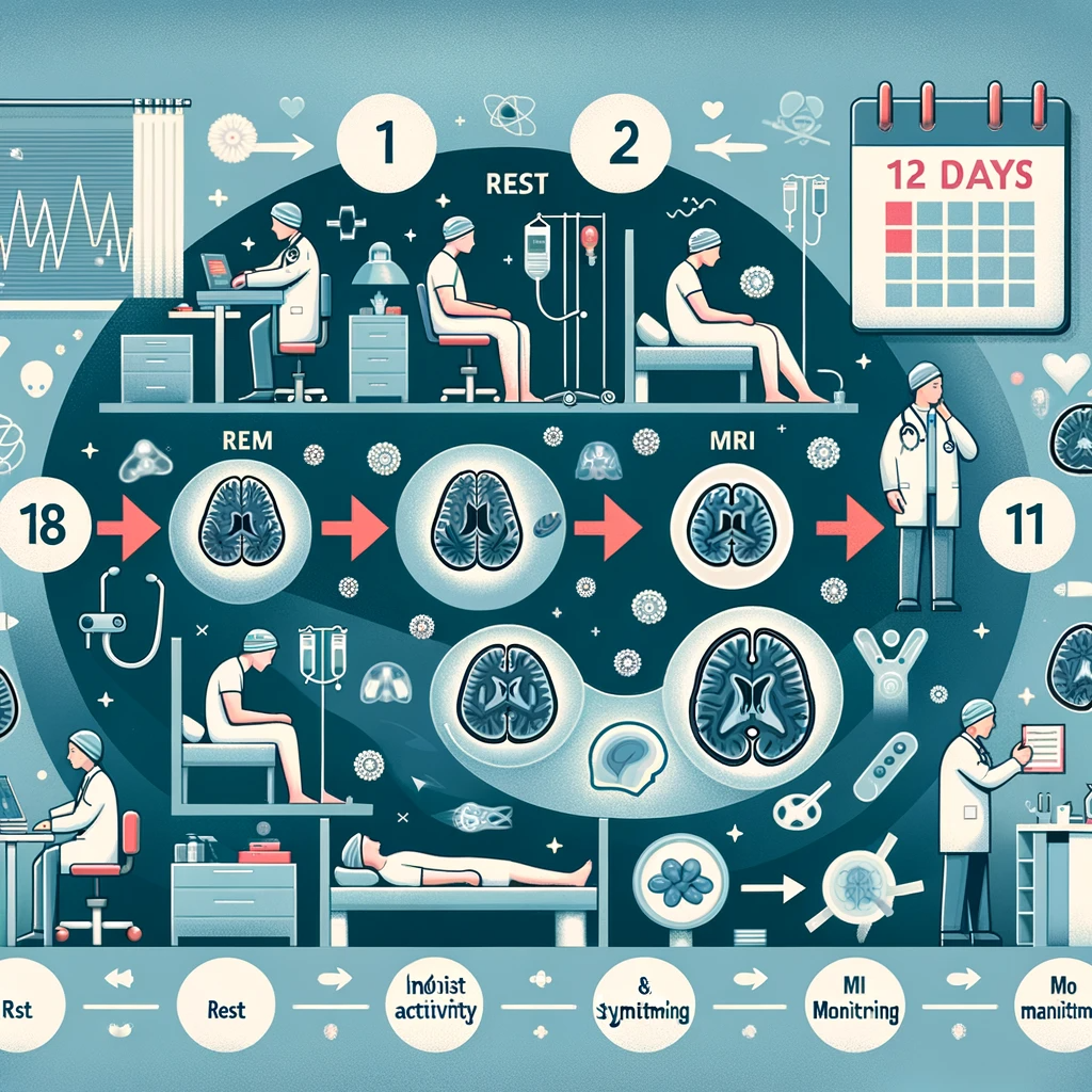 An informative illustration showing various stages of a 12-day concussion protocol. The image should depict a medical environment with doctors examining a patient, different diagnostic tools like MRI or CT scans, and a calendar marking the progression of days. Include symbols or icons representing rest, gradual increase in activity, and monitoring of symptoms. The style should be clear, educational, and visually engaging, suitable for a medical blog post.