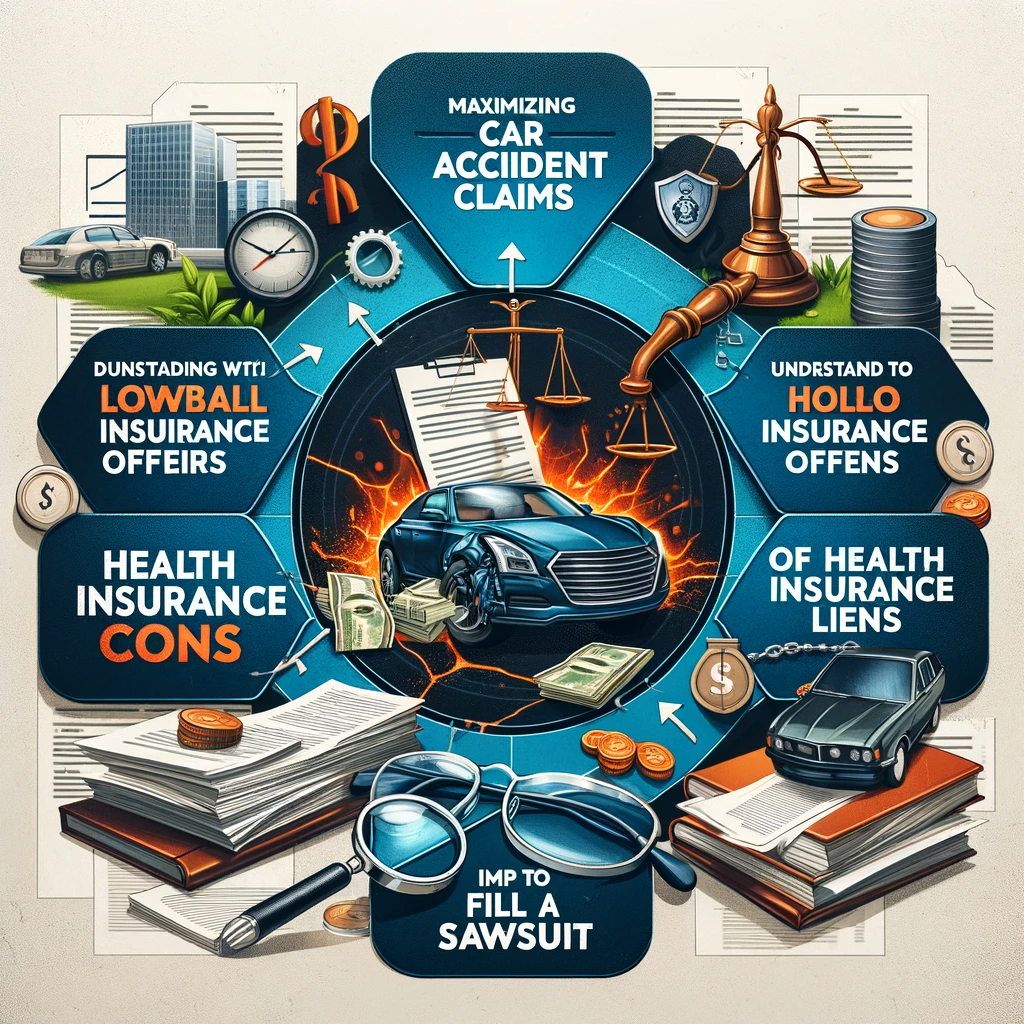 An infographic depicting the key steps in navigating and maximizing car accident claims, including dealing with insurance adjusters, understanding lowball offers, the role of health insurance liens, and the impact of filing a lawsuit, set against a backdrop of legal documents and car accident imagery.