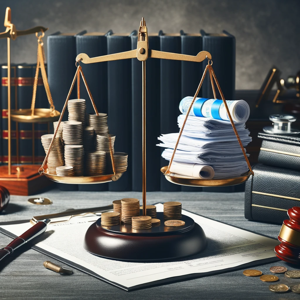 Create an image depicting a balanced scale with legal documents and a gavel on one side, and stacks of coins and a medical kit on the other, symbolizing the balance between legal justice and financial compensation in personal injury cases. The image should convey a sense of fairness and the importance of legal representation in these matters. The scale should be central, with a clear depiction of the items on each side, set against a background that suggests a courtroom or legal setting.