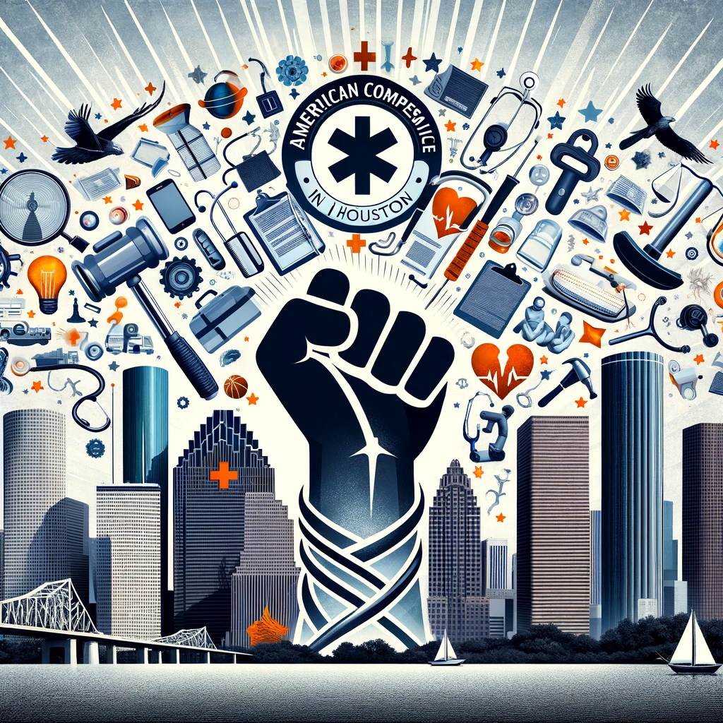 An image representing the theme of successful worker's compensation claims in Houston, featuring symbolic elements like medical equipment, legal documents, and the skyline of Houston, subtly including the logo of Americana Injury Clinic. The image should convey a sense of triumph and support, with a balanced composition of healthcare and legal elements, set against a backdrop that includes iconic landmarks of Houston.