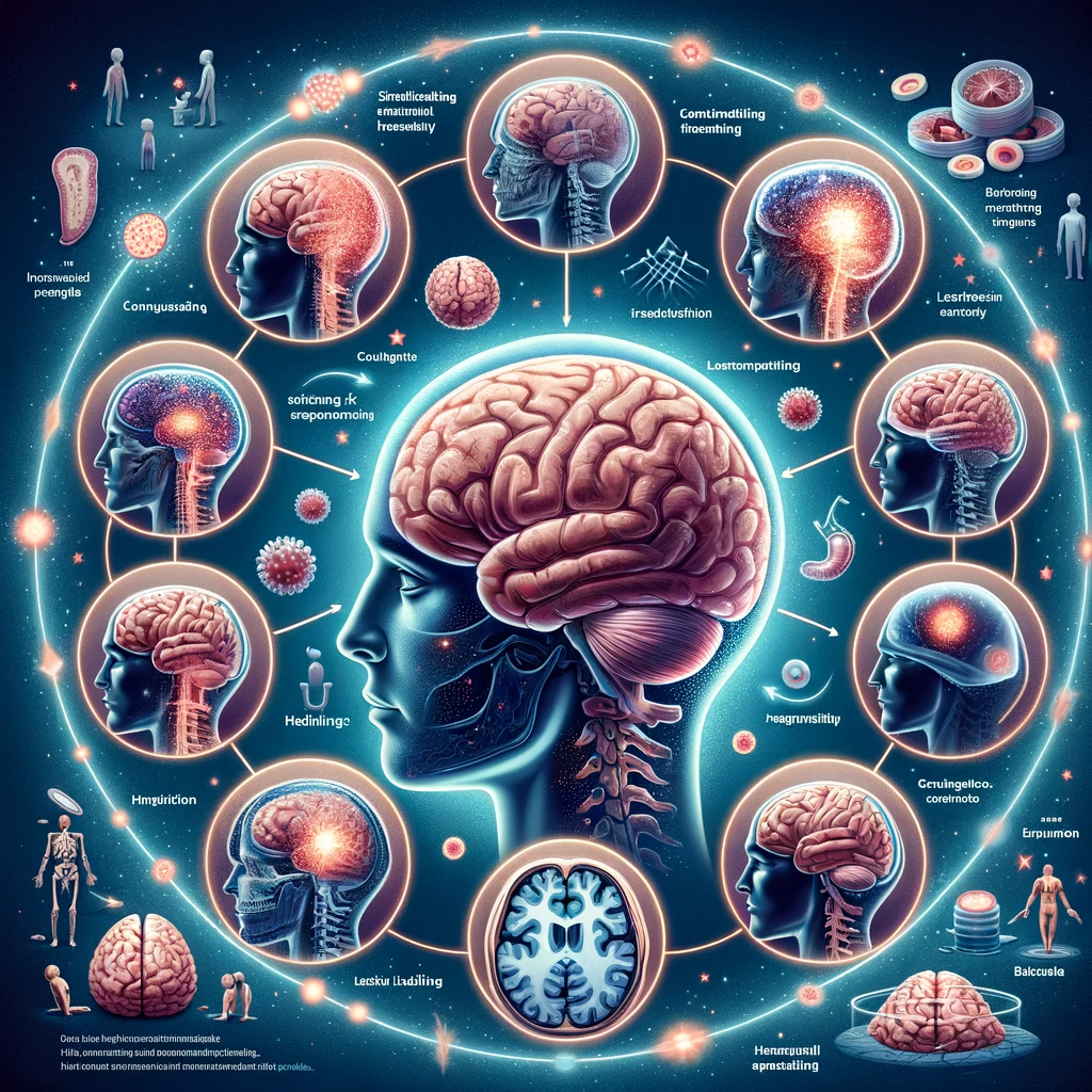 An informative and detailed illustration of the human brain showing the healing process after a concussion. The image should depict various stages of brain recovery, with emphasis on the brain's neural pathways and cells repairing themselves. Include visual elements like brain scans, medical imagery, and symbolic representations of healing and rejuvenation. Ensure the image is scientifically accurate, educational, and visually engaging, suitable for a blog post about brain healing after a concussion.