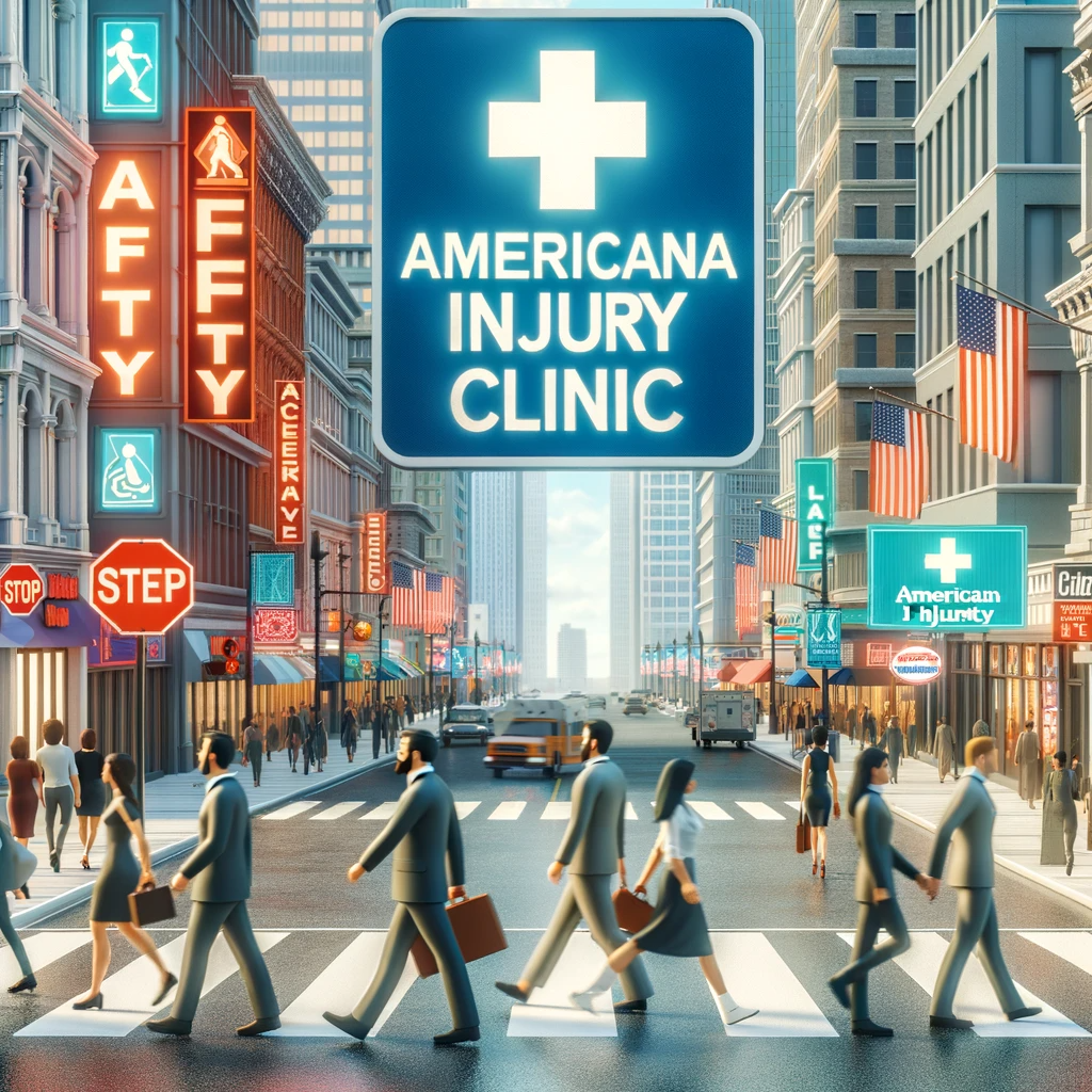 A bustling commercial area with visible safety signs, people walking cautiously, and a representation of Americana Injury Clinic as a beacon of safety and care in the background.