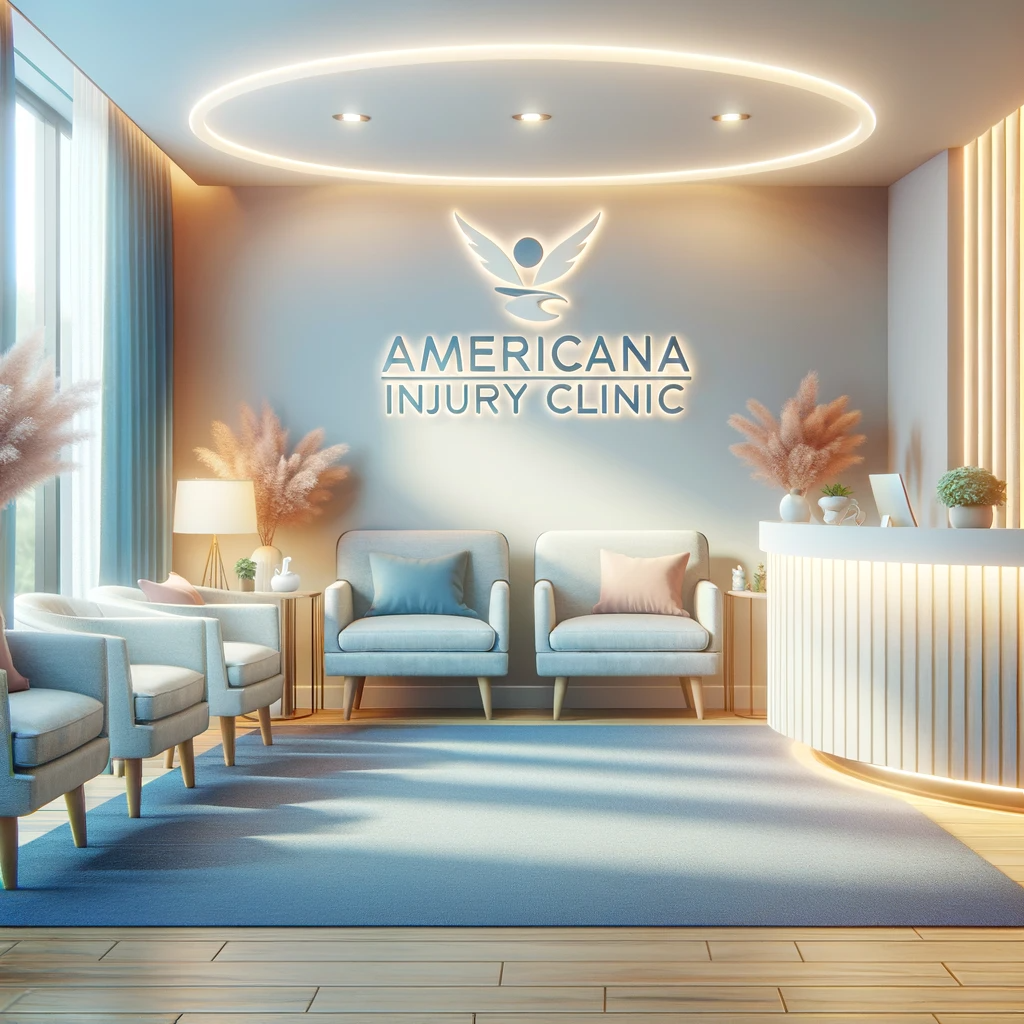 A serene and inviting image of a chiropractic clinic, showcasing a peaceful waiting area with comfortable seating, soft lighting, and calming colors. The clinic should exude an atmosphere of wellness and tranquility, with a visible reception desk that has a welcoming vibe. There should be a subtle branding element in the scene, like a sign or logo, for Americana Injury Clinic. The image should be inviting and professional, reflecting the clinic's focus on patient comfort and care.