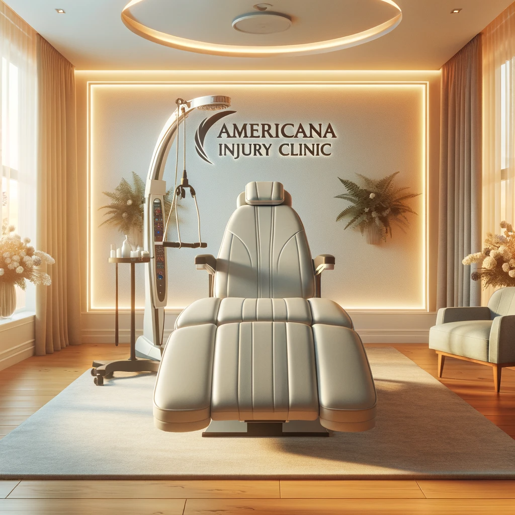 A serene and welcoming therapy room at Americana Injury Clinic, showcasing a state-of-the-art spinal decompression table, with soft lighting and calming decor that conveys a sense of relief and healing.