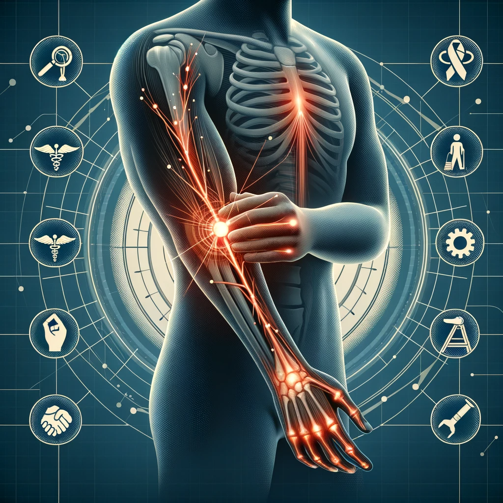An illustration depicting the concept of radial nerve recovery and rehabilitation, showing a human arm with highlighted radial nerve, alongside symbols of care and support, representing the professional and comprehensive approach of Americana Injury Clinic in a professional and factual style.