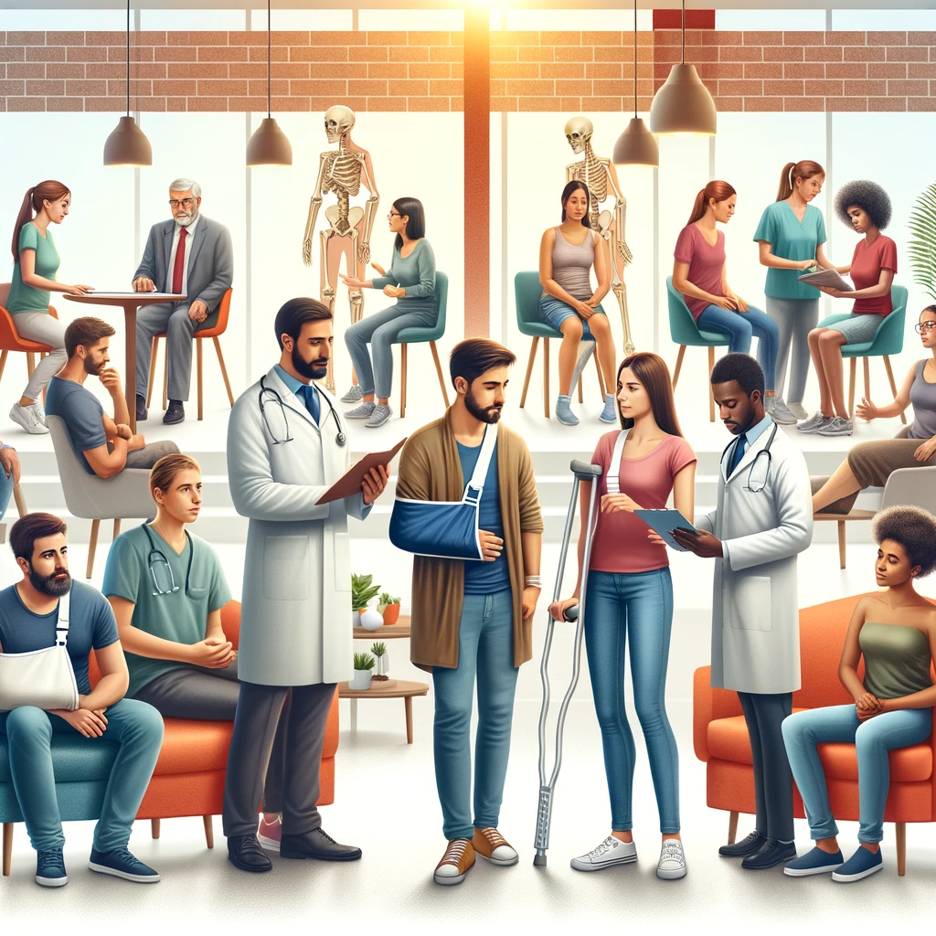 An image illustrating a diverse group of people with various injuries consulting with professionals at Americana Injury Clinic, showcasing a friendly and supportive atmosphere. The image includes individuals of different ages and ethnic backgrounds, some with visible injuries like arm slings or crutches, interacting with healthcare professionals in a modern clinic setting. The environment is warm and welcoming, emphasizing the clinic's commitment to personalized care and recovery.