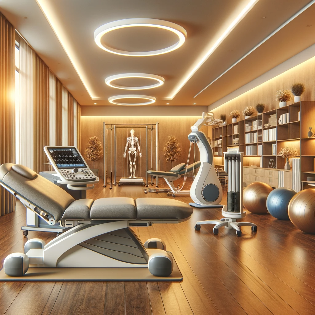 An inviting and modern physical therapy room in a clinic, with advanced equipment like an ultrasound machine, traction table, and exercise area. The room should have warm lighting and be spacious, reflecting a professional yet comforting atmosphere. Include elements like exercise balls, a treadmill, and a physiotherapy bed.