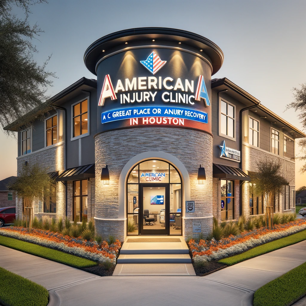 An inviting exterior of Americana Injury Clinic in Houston, showcasing its modern facilities and a welcoming atmosphere, with a sign displaying the clinic's slogan 'A Great Place For Injury Recovery!'