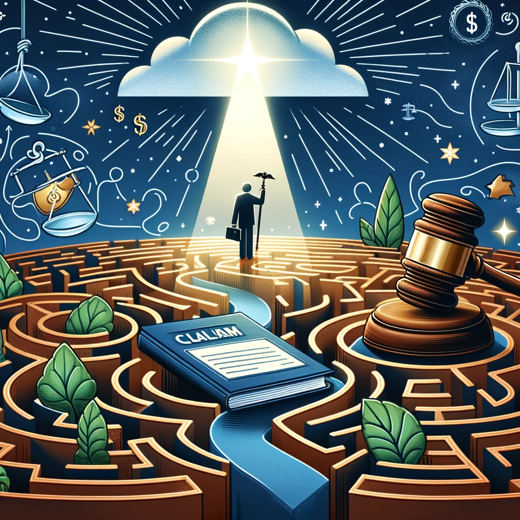 Create a visually engaging image representing the journey of navigating the complexities of legal claim valuation, featuring elements like a maze, a gavel, and a beacon of light, symbolizing the guidance provided by Americana Injury Clinic in a professional and inviting style.