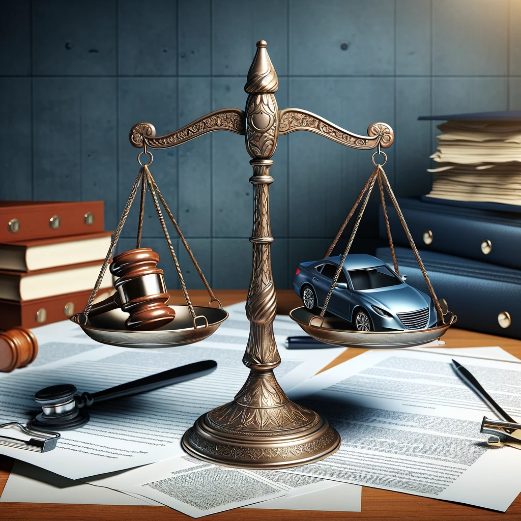 Generate an image of a balanced scale symbolizing the balance between honesty and legal strategy during a car accident deposition, with legal documents and a gavel in the background, reflecting the importance of truth and legal guidance in the deposition process.