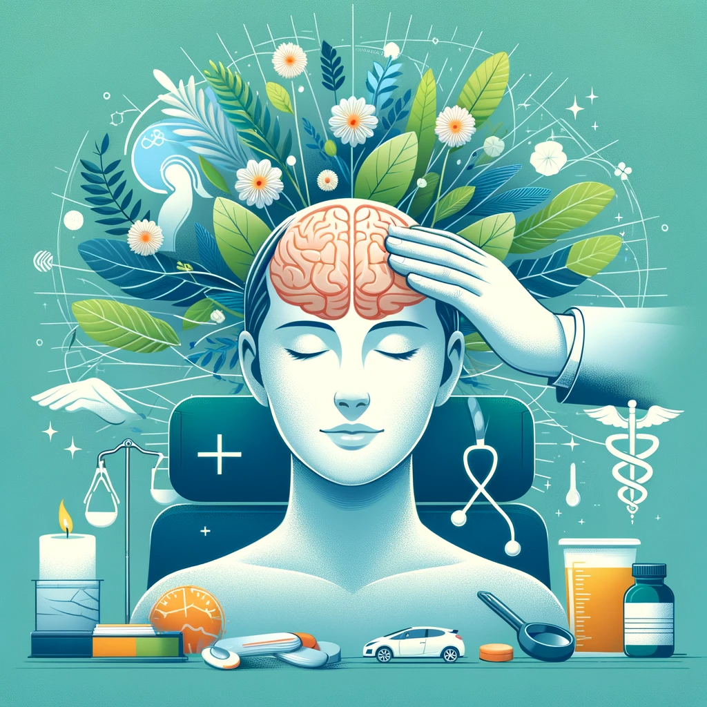 Create a professional and soothing image representing relief from occipital headaches, symbolizing a calm and healing environment. The image should convey a sense of tranquility and recovery, suitable for a medical clinic specializing in headache treatment and accident recovery, like Americana Injury Clinic. The image should subtly include elements related to healthcare, recovery, and a peaceful, healing atmosphere.