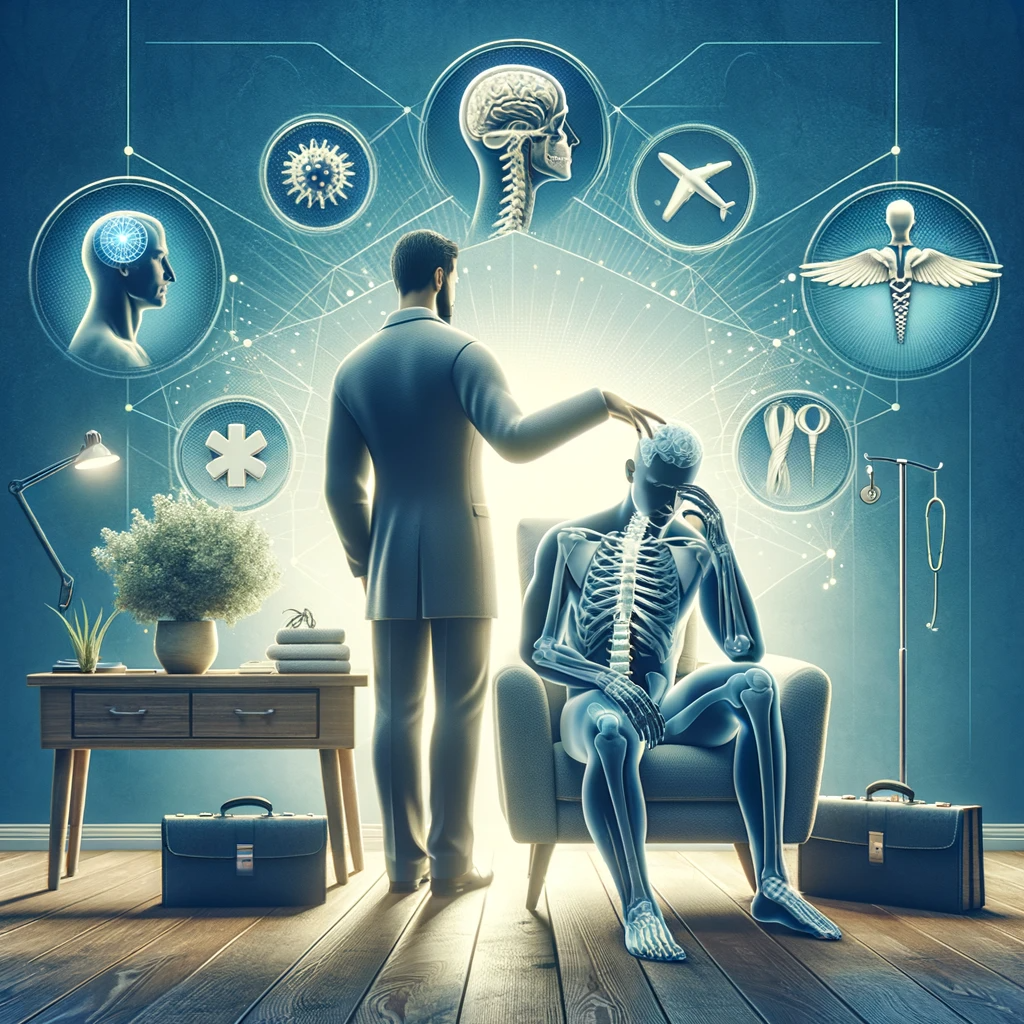 Create an image representing a comforting and professional healthcare environment, showcasing elements of chiropractic, orthopedic care, and a sense of relief from headache pain. The setting should convey a sense of tranquility and expertise, reflecting the services of Americana Injury Clinic. The image should be welcoming and inspire confidence in the viewer, suggesting a place where individuals can find relief from their ailments and receive professional care.