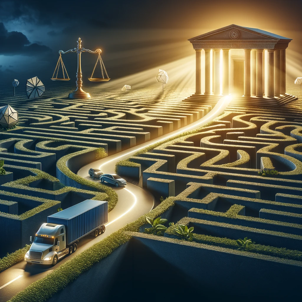 Create an image that embodies the theme of navigating through the complexities of truck accident lawsuits with the help of a specialized legal team. Visualize a maze representing the legal complexities, with a path illuminated by the guiding light of legal expertise, leading to a courthouse symbolizing justice and fair compensation. The scene should convey a sense of overcoming obstacles and achieving victory through expert guidance. The style should be professional and convey trust, expertise, and a commitment to justice.