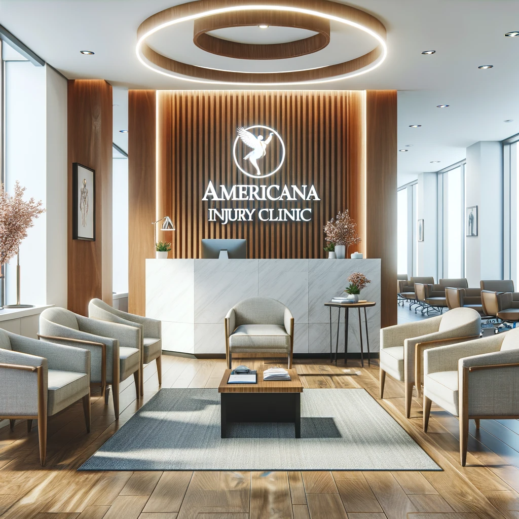 Create an image of a welcoming and professional healthcare clinic interior, showcasing a comfortable waiting area with modern furniture and a reception desk. Include visible signage for 'Americana Injury Clinic' and a positive, healing ambiance.