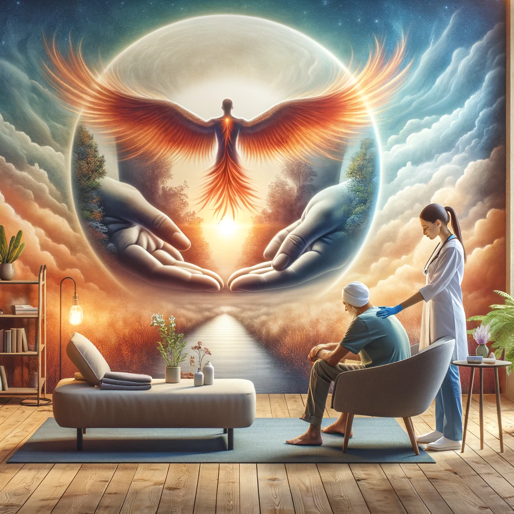 A serene, comforting environment that represents recovery and care, incorporating elements of the Americana Injury Clinic's services like a compassionate healthcare professional consulting with a patient, symbolic imagery of recovery (such as a phoenix rising), and a backdrop that conveys a message of hope and renewal. This scene should visually interpret the comprehensive care and support provided for slip and fall injuries, highlighting a professional and caring approach to patient recovery.
