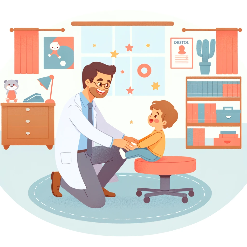 Illustrate a welcoming and warm pediatric chiropractic office, showcasing a friendly chiropractor engaging with a child in a playful and safe environment, embodying the essence of gentle care and holistic wellness.