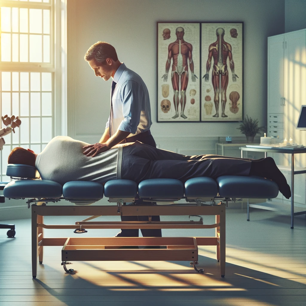 An image depicting a serene and professional setting where a person is lying face down on a chiropractic adjustment table. The chiropractor, wearing professional attire, is gently applying pressure to the patient's back, focusing on aligning the spine. The room is well-lit, conveying a sense of calm and healing, with medical equipment and anatomy posters visible in the background, emphasizing the clinical environment. This scene encapsulates a typical moment of chiropractic treatment or physical therapy, highlighting the therapeutic relationship and the careful, skilled intervention of the practitioner.