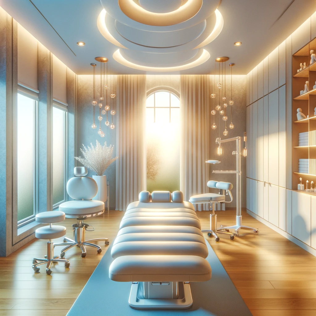 a serene and healing environment within a chiropractic clinic, showcasing a calming treatment room with soft lighting and modern equipment,