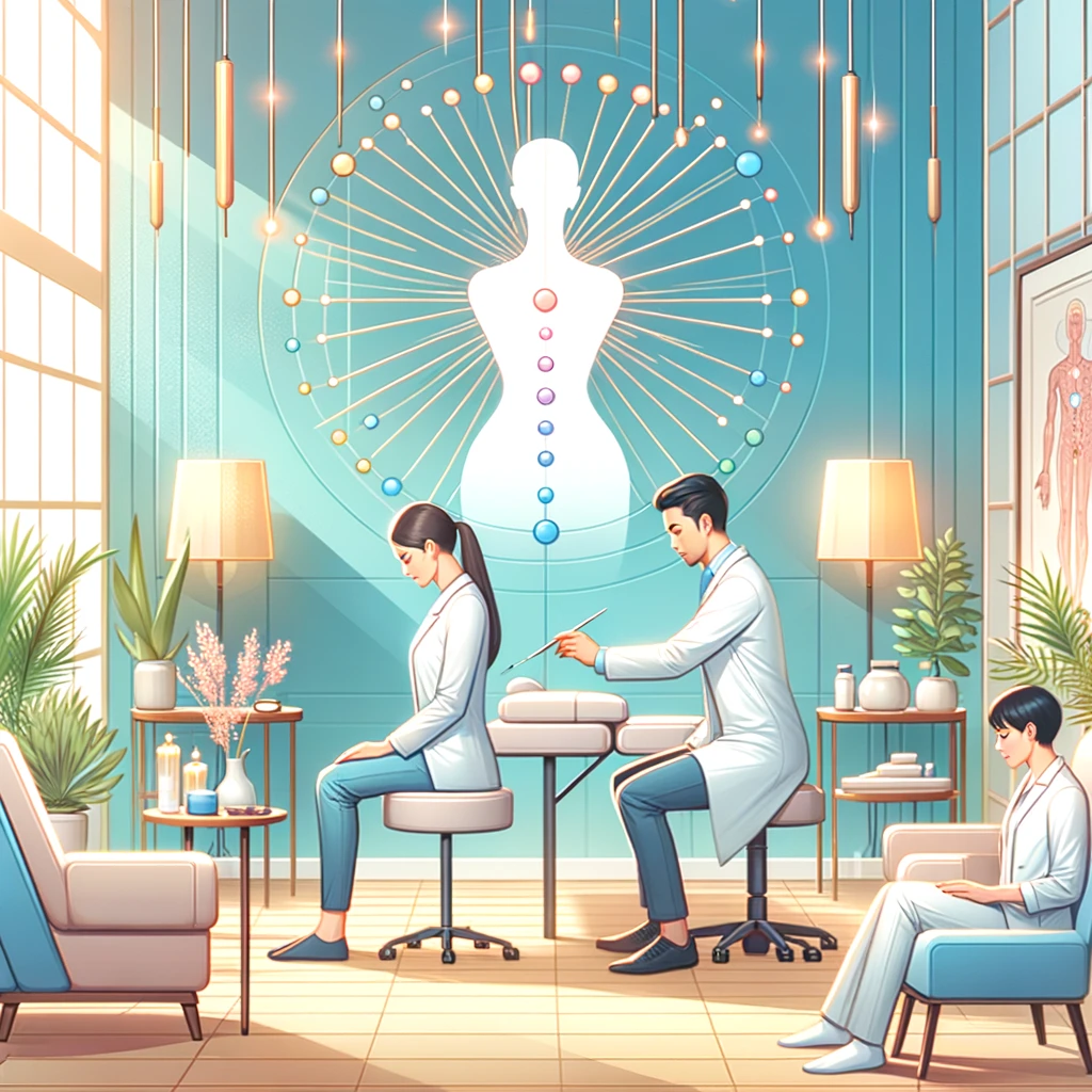 Illustrate a serene and inviting clinic environment where professionals provide chiropractic and acupuncture treatments, embodying a holistic approach to health and wellness.