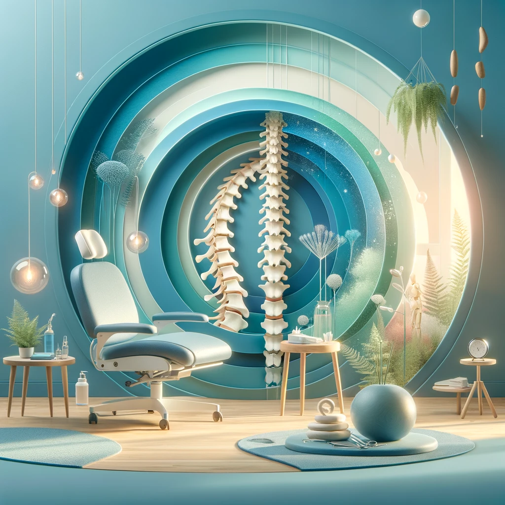 a serene and professional image that conveys the concept of chiropractic care and recovery. The image should depict a calm, healing environment, possibly including elements like a chiropractic treatment room with modern equipment, a peaceful waiting area, or symbolic representations of spine health such as a spinal model or an abstract representation of spine alignment