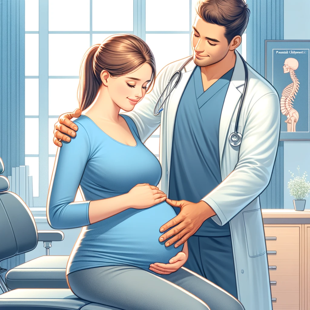 Illustrate a comforting and serene scene of a chiropractor gently consulting with a pregnant woman, emphasizing the care and tailored approach of prenatal chiropractic care in a professional and welcoming environment. The image should convey trust, relief, and the specialized expertise available at Americana Injury Clinic for expectant mothers.